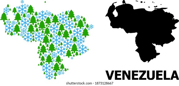 Vector mosaic map of Venezuela constructed for New Year, Christmas, and winter. Mosaic map of Venezuela is constructed with snow and fir forest.