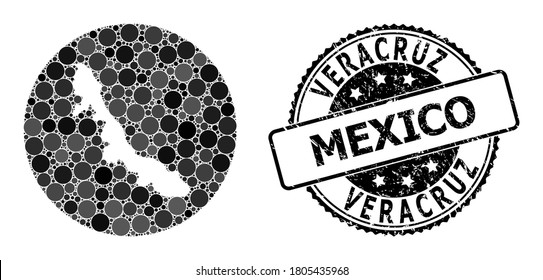 Vector mosaic map of Veracruz State with round items, and grey rubber seal. Negative circle map of Veracruz State collage composed with circles in various sizes, and dark gray color tinges.