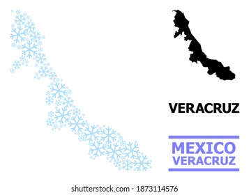 Vector mosaic map of Veracruz State designed for New Year, Christmas celebration, and winter. Mosaic map of Veracruz State is designed from light blue ice crystals.