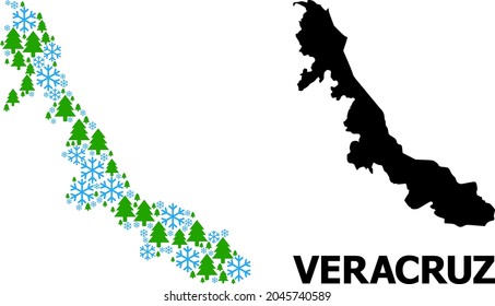 Vector mosaic map of Veracruz State created for New Year, Christmas, and winter. Mosaic map of Veracruz State is done with snowflakes and fir trees.