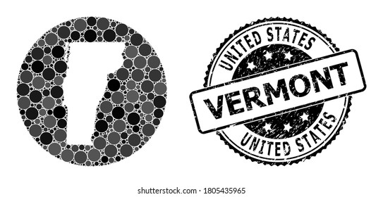 Vector mosaic map of Vermont State with round blots, and gray watermark stamp. Negative round map of Vermont State collage formed with circles in various sizes, and dark gray color hues.