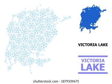 Vektor-Mosaik-Karte des Victoria-Sees für Neujahr, Weihnachtsfeiern und Winter konstruiert. Die Mosaikkarte des Victoria Sees ist mit hellblauen Schneegegenständen organisiert.