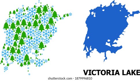 Vector mosaic map of Victoria Lake constructed for New Year, Christmas, and winter. Mosaic map of Victoria Lake is constructed from snow flakes and fir-trees.