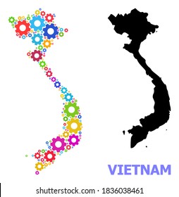 Vector mosaic map of Vietnam created for engineering. Mosaic map of Vietnam is shaped from random bright cogs. Engineering items in bright colors.