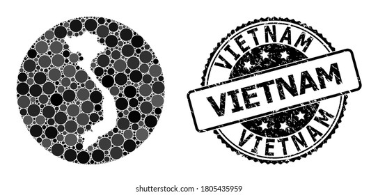 Vektormosaikkarte von Vietnam von runden Punkten, und graues Wasserzeichen-Siegel. Hole runde Karte von Vietnam Collage gebildet mit Kreisen in verschiedenen Größen, und dunkelgraue Farbtöne.