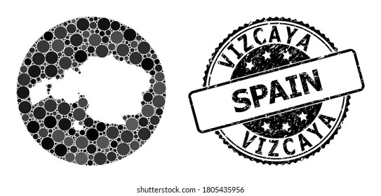 Vector mosaic map of Vizcaya Province with circle items, and grey rubber stamp. Negative circle map of Vizcaya Province collage composed with circles in different sizes, and dark gray color tints.