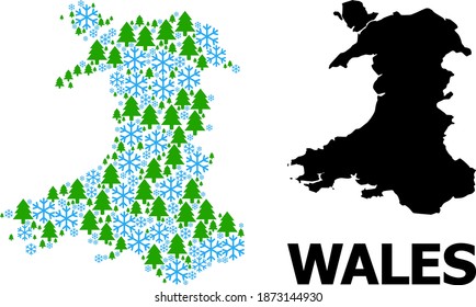 Vector mosaic map of Wales created for New Year, Christmas, and winter. Mosaic map of Wales is created from snow flakes and fir trees.