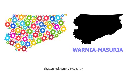 Mapa de mosaicos vectoriales de la provincia de Warmia-Masuria construido para talleres. El mapa mosaico de la provincia de Warmia-Masuria está construido a partir de artes de colores aleatorizados. Componentes de ingeniería en colores brillantes.
