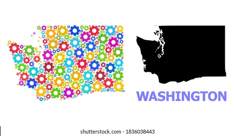 Vector mosaic map of Washington State organized for engineering. Mosaic map of Washington State is organized from scattered colored wheels. Engineering components in bright colors.