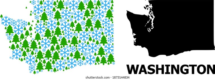 Vector mosaic map of Washington State created for New Year, Christmas, and winter. Mosaic map of Washington State is composed of snowflakes and fir-trees.