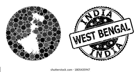 Vektormosaikkarte des Bundesstaates Westbengalen mit Kugelblocken und grauem Grunge-Stempel. Stencil Kreis Karte der West Bengal State Collage mit Kreisen in variabler Größe und dunkelgraue Farbtöne.