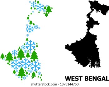 Vector mosaic map of West Bengal State designed for New Year, Christmas, and winter. Mosaic map of West Bengal State is done with snow and fir forest.