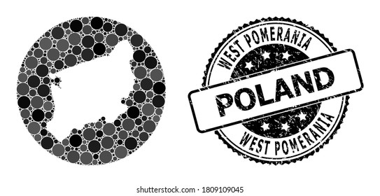 Vector mosaic map of West Pomerania Province with round dots, and gray watermark seal stamp. Hole round map of West Pomerania Province collage composed with circles in variable sizes,