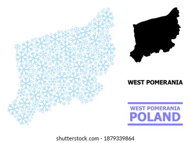 Vektormosaikkarte der Woiwodschaft Westpommern für Neujahr, Weihnachtsfeiern und Winter. Die Mosaikkarte der Woiwodschaft Westpommern ist aus hellblauen Schneesymbolen geformt.