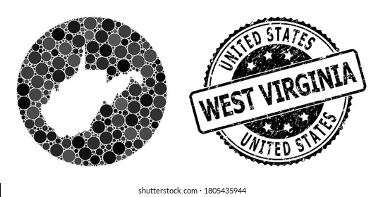 Vector mosaic map of West Virginia State of round items, and gray grunge seal. Hole round map of West Virginia State collage designed with circles in different sizes, and dark gray color hues.