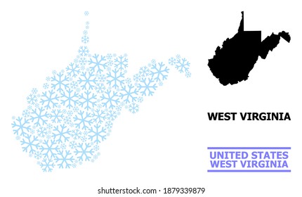 Vektormosaikkarte des Bundesstaates West Virginia für Neujahr, Weihnachtsfeiern und Winter. Die Mosaikkarte des Bundesstaates West Virginia ist mit hellblauem Schnee gestaltet.