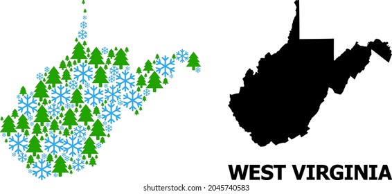 Vector mosaic map of West Virginia State organized for New Year, Christmas, and winter. Mosaic map of West Virginia State is constructed of snow and fir forest.
