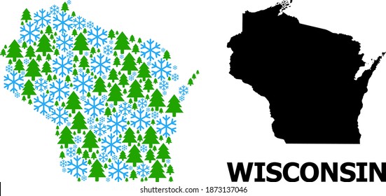 Vector mosaic map of Wisconsin State designed for New Year, Christmas, and winter. Mosaic map of Wisconsin State is designed of snow and fir forest.
