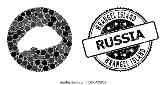 Vector mosaic map of Wrangel Island from circle items, and grey watermark stamp. Hole circle map of Wrangel Island collage formed with circles in variable sizes, and dark grey shades.
