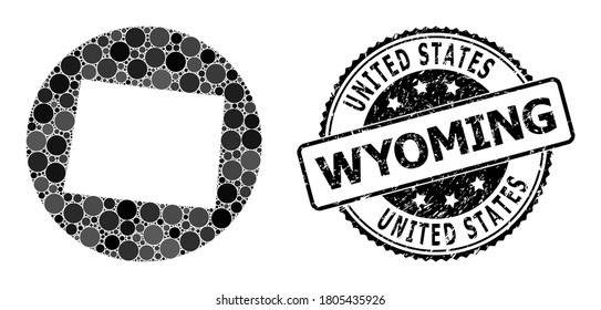 Vector mosaic map of Wyoming State of spheric dots, and gray scratched seal. Subtraction round map of Wyoming State collage designed with circles in variable sizes, and dark gray shades.