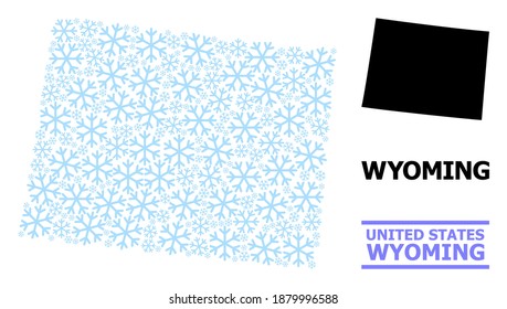 Vector mosaic map of Wyoming State constructed for New Year, Christmas celebration, and winter. Mosaic map of Wyoming State is organized with light blue snow items.