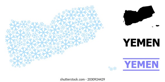 Mapa vectorial de mosaico de Yemen diseñado para Año Nuevo, celebración de Navidad e invierno. El mapa mosaico de Yemen está construido a partir de cristales de hielo azul claro.
