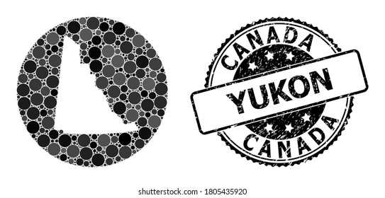 Vector mosaic map of Yukon Province with round blots, and gray scratched seal stamp. Stencil circle map of Yukon Province collage designed with circles in variable sizes, and dark gray color tints.