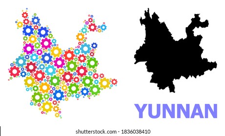 Vector mosaic map of Yunnan Province done for engineering. Mosaic map of Yunnan Province is composed with random bright cogs. Engineering components in bright colors.