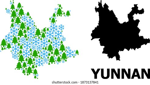 Vector mosaic map of Yunnan Province created for New Year, Christmas, and winter. Mosaic map of Yunnan Province is created from snowflakes and fir forest.