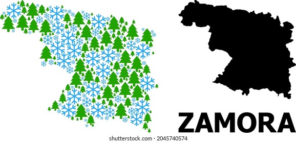 Vector mosaic map of Zamora Province done for New Year, Christmas, and winter. Mosaic map of Zamora Province is composed with snowflakes and fir-trees.
