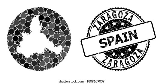 Mapa de mosaicos vectoriales de la provincia de Zaragoza con elementos circulares y sello de sello de la marca de agua gris. Mapa redondo de resta de la provincia de Zaragoza diseñado con círculos de varios tamaños.