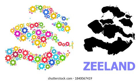 Mapa de mosaicos vectoriales de la provincia de Zeeland organizado para ingeniería. El mapa mosaico de la provincia de Zeeland está diseñado a partir de ruedas brillantes aleatorias. Artículos de ingeniería de colores vivos.