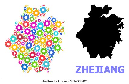 Vector mosaic map of Zhejiang Province organized for services. Mosaic map of Zhejiang Province is shaped with scattered bright gear wheels. Engineering items in bright colors.