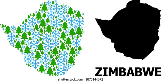 Vector mosaic map of Zimbabwe designed for New Year, Christmas, and winter. Mosaic map of Zimbabwe is designed of snow flakes and fir trees.
