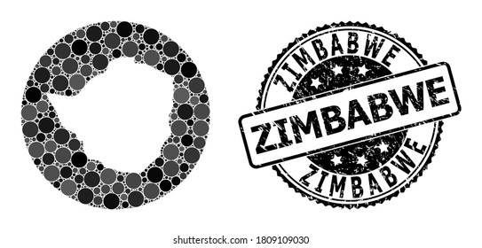 Vector mosaic map of Zimbabwe with round elements, and gray grunge seal stamp. Hole round map of Zimbabwe collage formed with circles in variable sizes, and dark gray color tints.