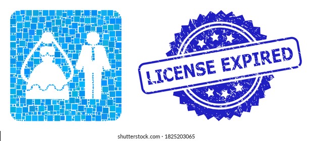 Vector Mosaic Marriage Persons, And License Expired Dirty Rosette Seal Imitation. Blue Stamp Seal Contains License Expired Caption Inside Rosette.