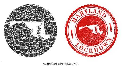 Vector mosaic Maryland State map of locks and grunge LOCKDOWN seal. Mosaic geographic Maryland State map constructed as carved shape from circle with black locks.