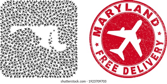 Vektor Mosaik Maryland State Karte von Luftwaffenelementen und grunge Free Delivery Stempel. Mosaik geographische Maryland-State-Karte, die als Schablone aus abgerundeter quadratischer Form mit ausgehenden Jetfahrzeugen entworfen wurde.