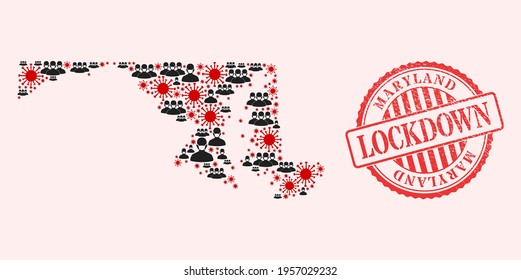 Vector mosaic Maryland State map of flu virus, masked men and red grunge lockdown stamp. Virus items and people in masks inside Maryland State map.