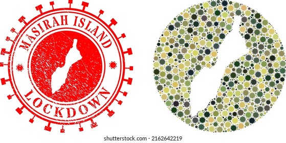 Mosaico vectorial de la isla de Masirah de los ítems del virus de la gripe y estampado LOCKDOWN de grunge.