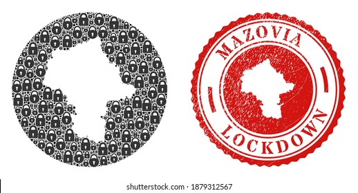 Vector mosaic Masovian Voivodeship map of locks and grunge LOCKDOWN stamp. Mosaic geographic Masovian Voivodeship map created as carved shape from round shape with black locks.