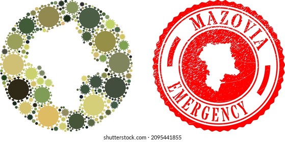 Vector mosaic Masovian Voivodeship map of covid virus items and grunge EMERGENCY stamp.