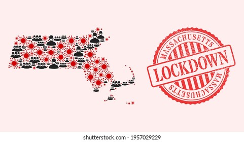 Vector mosaic Massachusetts State map of covid-2019 virus, masked men and red grunge lockdown seal stamp. Virus particles and men in masks inside Massachusetts State map.