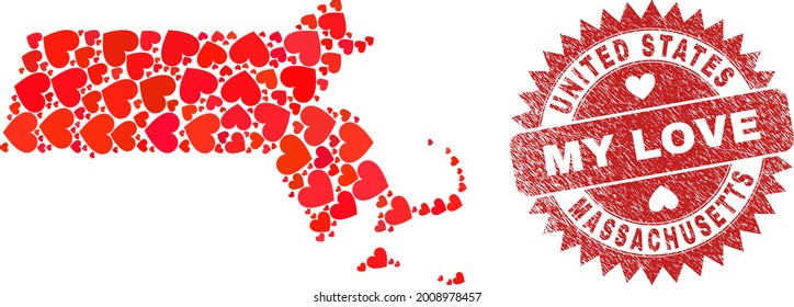 Vector mosaic Massachusetts State map of love heart elements and grunge My Love seal stamp. Mosaic geographic Massachusetts State map constructed using love hearts.
