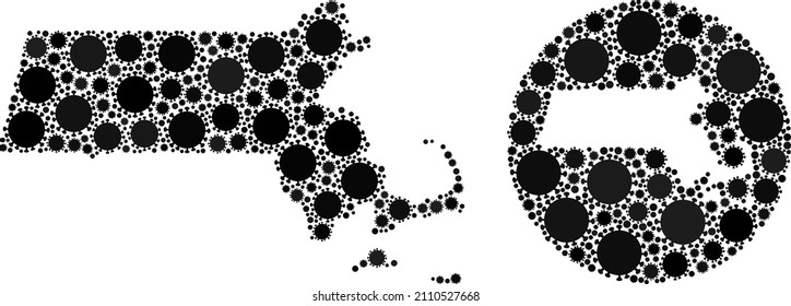 Vector mosaic Massachusetts State map of covid virus icons. Mosaic geographic Massachusetts State map constructed as stencil from round shape with flu virus icons in black color hues.