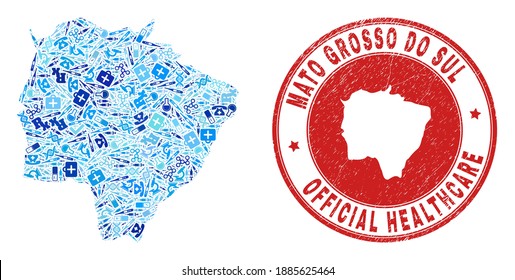 Mosaico vectorial Mato Grosso do Sul State map con iconos de dosis, símbolos hospitalarios y marca de agua de sanidad grunge. Sello rojo redondo con textura de goma gruesa y mapa del estado de Mato Grosso do Sul palabra y mapa.