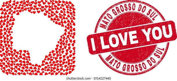 Mosaico vectorial Mato Grosso do Sul Mapa del estado de los elementos del corazón de amor y estampado de amor de grunge. Mapa geográfico mosaico del estado de Mato Grosso do Sul creado como galería de símbolos de cuadrado redondeado con corazones de amor.