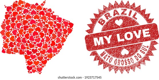 Mosaico vectorial Mato Grosso do Sul Mapa del estado de los elementos del corazón del amor y grunge la insignia de mi amor. Mapa geográfico mosaico del estado de Mato Grosso do Sul diseñado usando corazones de amor.