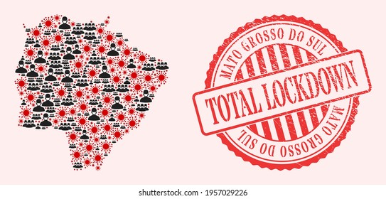 Vector mosaic Mato Grosso do Sul State map of coronavirus, masked people and red grunge lockdown seal stamp. Virus elements and people in masks inside Mato Grosso do Sul State map.