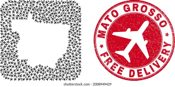 Vector mosaic Mato Grosso State map of airliner elements and grunge Free Delivery seal stamp. Mosaic geographic Mato Grosso State map designed as hole from rounded square with flying out airliners.